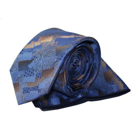 Modrá kravata s vreckovkou so zlatohnedým vzorom