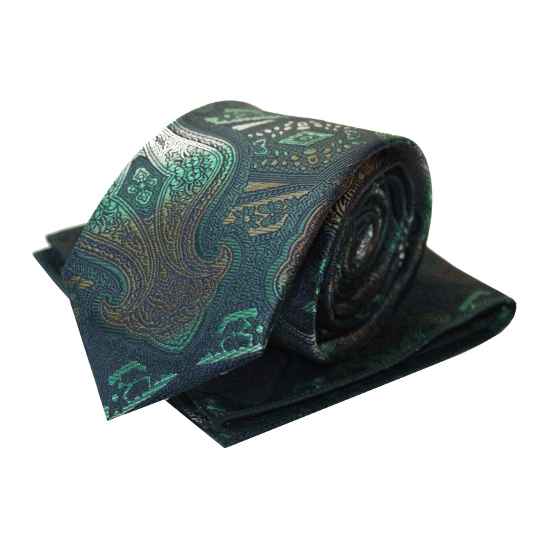 Tmavozelená kravata s vreckovkou s hnedým vzorom paisley