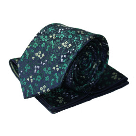 Tmavozelená kravata s vreckovkou kvetovaná na tmavomodrom podklade