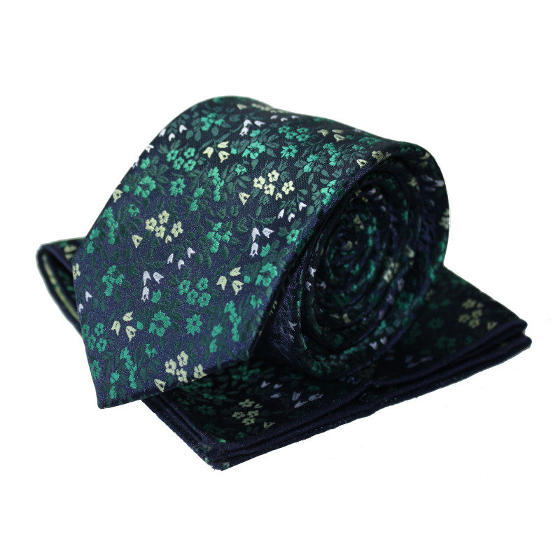 Tmavozelená kravata s vreckovkou kvetovaná na tmavomodrom podklade