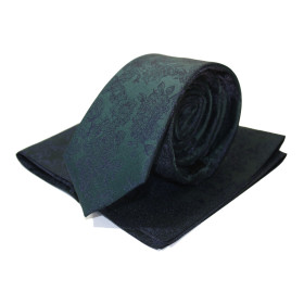 Kravata s vreckovkou tmavozelená machová s modrým rastlinným motívom