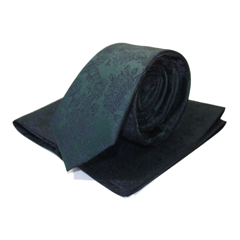 Kravata s vreckovkou tmavozelená machová s modrým rastlinným motívom