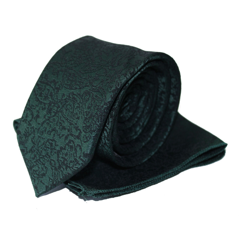 Kravata s vreckovkou tmavozelená machová kvetový vzor