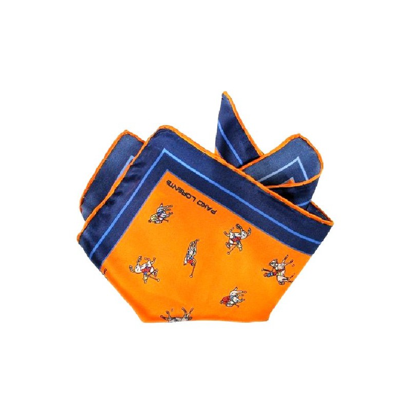 Hodvábna vreckovka Pako Lorente oranžová s granátovým lemom vzor pólo