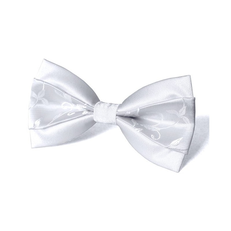 Motýlik svadobný biely s kvetovým vzorom s lesklým vzorom na bielom podklade s vreckovkou