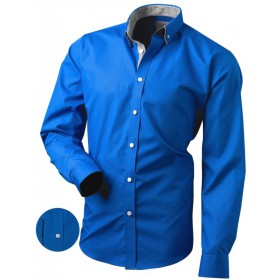 Modrá košeľa slim fit s kontrastnými gombíkmi a károvanou podšívkou