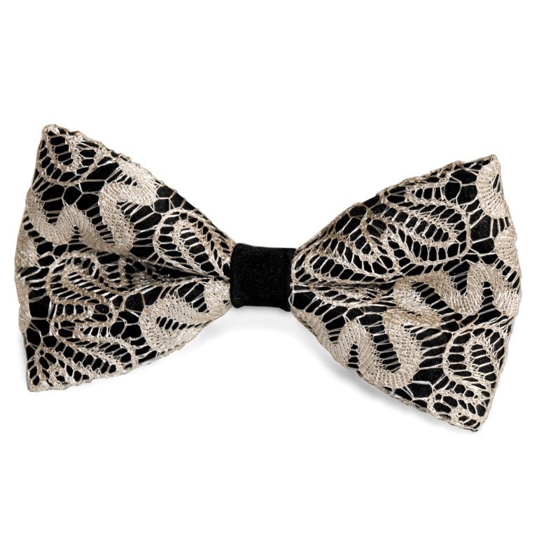 Krajkový motýlik čierny so zlatobéžovou krajkou s vreckovkou