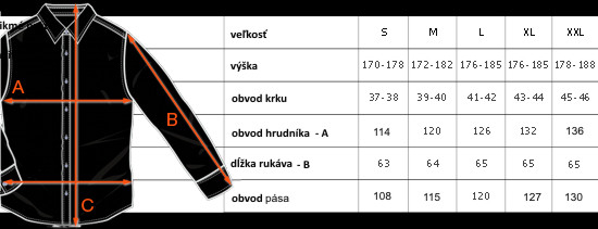 Tabuľka rozmerov košele klasický strih Pako Lorente